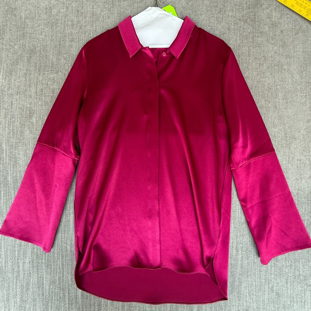 Halston Heritage Wildberry Shirt Top Womens 10 Pink Satin Long Sleeve Button Up